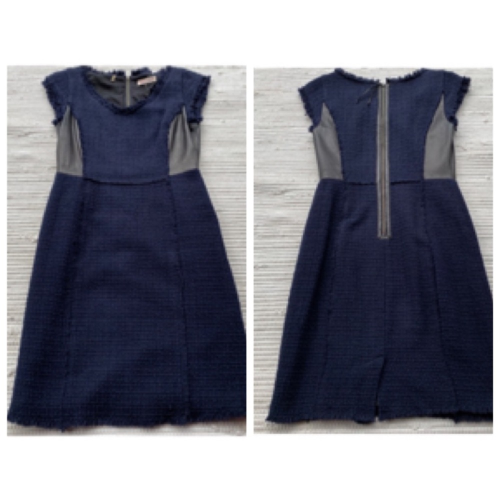 Rebecca Taylor Navy Blue Fringed Tweed Black Leather Panel Sheath Dress Size 4 - Picture 2 of 11